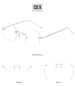Three views of silver rimless metal glasses frames with minimalist square lenses