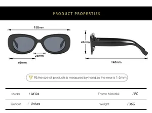 Size chart showing dimensions of M304 oval sunglasses with frame and lens measurements
