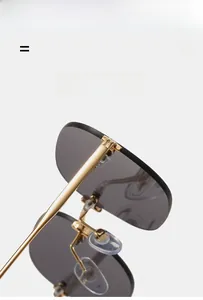 Detailed close-up of golden metal bridge, nose pads and precise hinge of rimless sunglasses