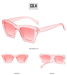 Three-way view of pink transparent cat-eye sunglasses from front, back and 45-degree angle