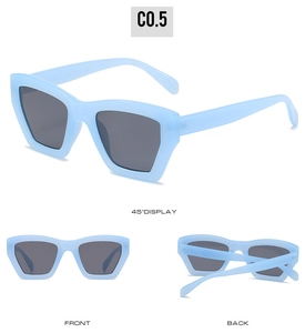 Detailed multi-angle views of light blue geometric thick frame sunglasses with grey lenses