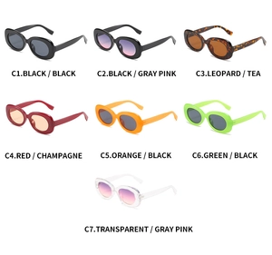 Collection of seven colorful oval thick frame retro sunglasses in various color combinations