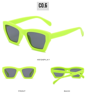 Three-angle view of neon green cat eye sunglasses showing front, back and side details
