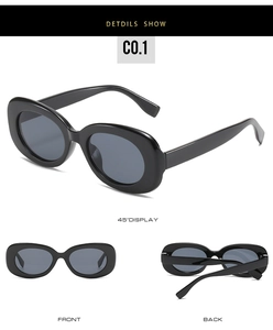Detailed views of retro oval sunglasses with thick black frames and dark gray lenses