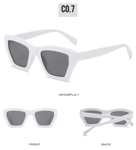 Detailed views of white square frame sunglasses with dark grey lenses from three angles