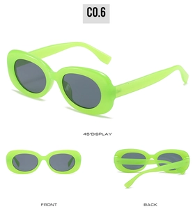 Three-way view of lime green oval sunglasses showing front, back, and 45-degree angle