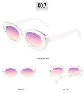 Three-angle view of vintage oval sunglasses with transparent frames and purple gradient lenses