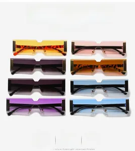 Detailed grid of Y2K rimless rectangular sunglasses in eight vibrant gradient colors