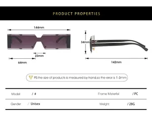 Detailed technical size chart for slim rectangular PC frame sunglasses with dimensions
