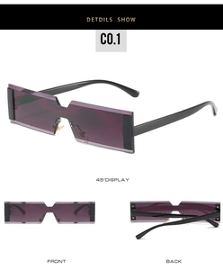 Detailed multi-angle views of narrow rectangular rimless sunglasses with purple lenses