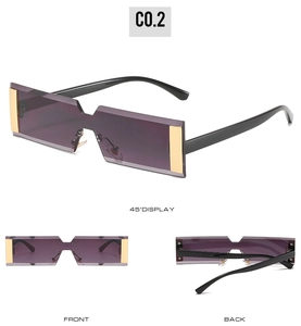 Three-angle view of rimless rectangular sunglasses with purple lenses and gold accents