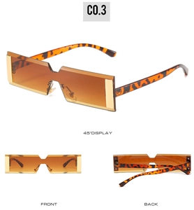 Detailed view of rectangular sunglasses with gradient lenses and leopard print temples