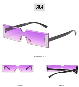 Detailed views of rimless rectangular sunglasses with purple gradient lenses and silver accents