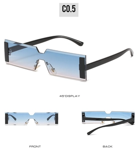Three-angle view of rectangle rimless sunglasses with blue to orange gradient lenses