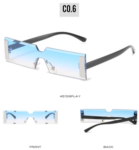 Detailed views of rimless rectangular sunglasses with blue-purple gradient lenses