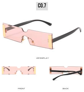 Multi-angle views of rimless rectangular pink sunglasses with golden metal side accents