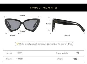 Size chart for triangle sunglasses showing dimensions including width and temple length