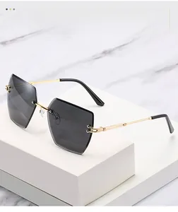 Detail of grey gradient rimless lenses and gold metal temples on fashion sunglasses