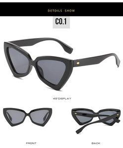 Multiple views of black cat-eye triangular sunglasses with dark polarized lenses