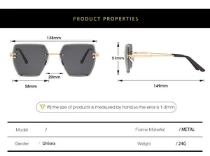 Detailed size chart for rimless square sunglasses with dimensions and metal frame specs