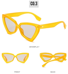 Three views of yellow triangle cat-eye sunglasses with transparent frames and gray lenses