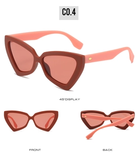 Three-way view of cat eye sunglasses with red-brown frames and pink temples
