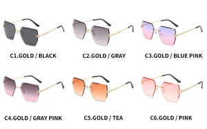 Selection of rimless square sunglasses with gold metal temples in six different colors