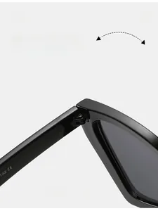 Detail of durable texture hinge on black acetate triangle sunglasses with CE mark