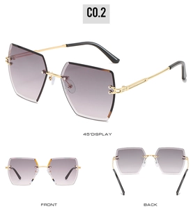 Three-angle view of rimless square sunglasses showing front, back, and 45-degree side details