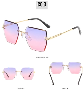 Detailed views of rimless sunglasses with purple gradient lenses and gold metal temples
