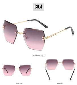 Detailed multi-angle views of rimless hexagonal sunglasses with purple gradient lenses