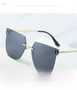 Détail de lunettes de soleil carrées sans monture avec verres dégradés gris et or