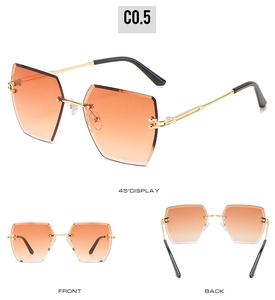 Three-view display of rimless square sunglasses with orange gradient lenses and gold temples