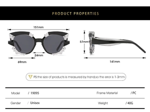 Detailed size chart for polygon cat eye sunglasses with frame measurements in millimeters