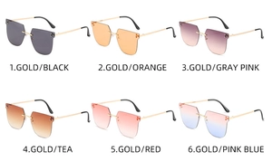 Lunettes de soleil carrées sans monture en six couleurs dégradées avec branches dorées