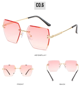 Detailed views of rimless geometric sunglasses with pink gradient lenses and gold frame