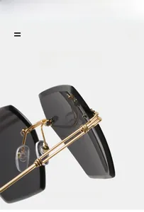Macro view of rimless square sunglasses featuring light gold double-line metal temples