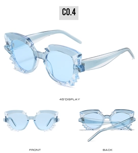 Three-way view showing geometric light blue cat eye sunglasses with polygonal cut edges