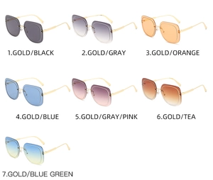 Detailed grid of oversized square sunglasses with gold metal temples in seven color options