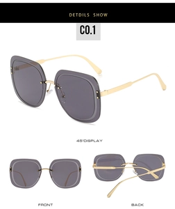 Detailed views of square sunglasses with gold metal frames and smoked grey lenses