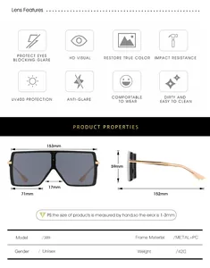 Detailed size chart and technical specifications for square frame unisex sunglasses