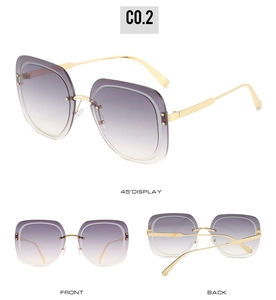 Three views of square gradient purple sunglasses with gold metal temples in CO.2 color