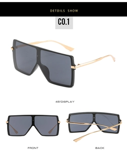 Detailed views of oversized square sunglasses with black frame and gold metal temples