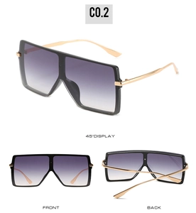 Three-angle view of oversized square sunglasses with purple gradient lenses and metal frame