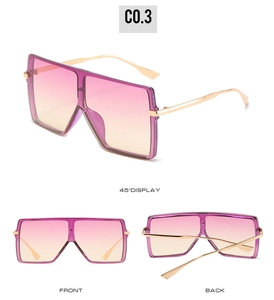 Detailed views of oversized square shield sunglasses with pink to yellow gradient lenses