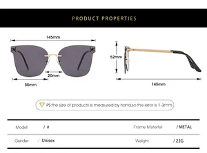 Detailed size chart for rimless metal sunglasses with 145mm width and 23g weight