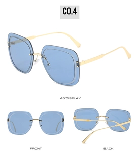 Three-way display showing front, back, and 45-degree angle of light blue metal sunglasses