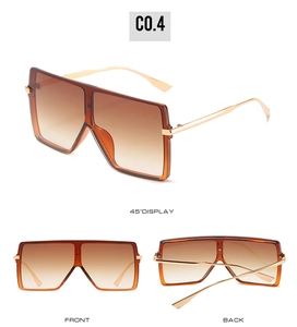 Three-angle views showing front and back of oversized square shield sunglasses in gold