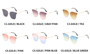 Detailed grid showing six color options of rimless metal frame sunglasses for women