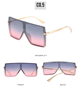 Detailed views of oversized square sunglasses featuring blue-pink gradient lenses and gold frame